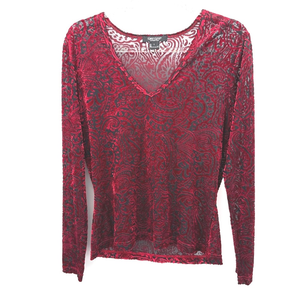 Vtg Y2K Whimsigoth Red Velvet Burnout Paisley Sheer Top Sz L‎ Goth Punk V Neck